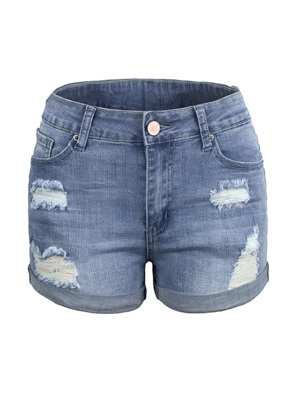 Women’s Stretch Mid Rise Denim Shorts with Holes