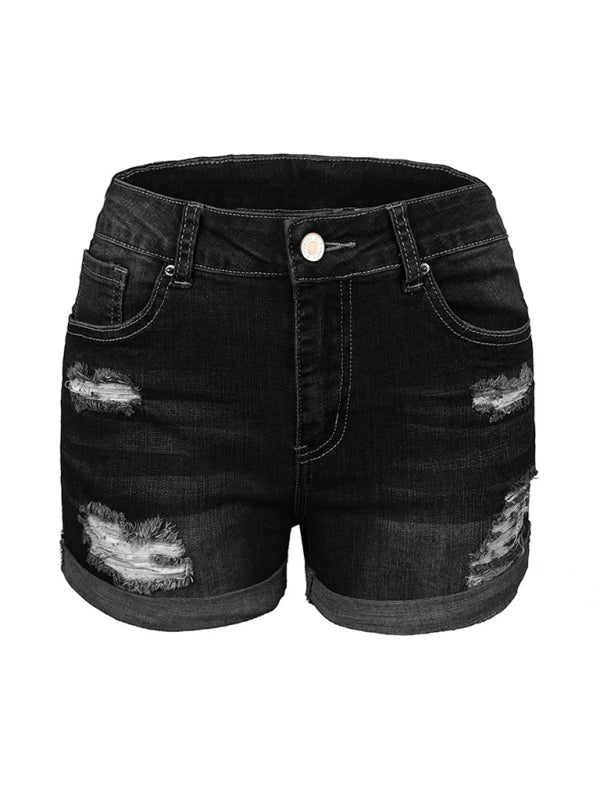 Women’s Stretch Mid Rise Denim Shorts with Holes