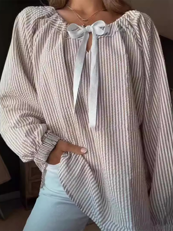 Women’s striped lace-up top - Khaki / S