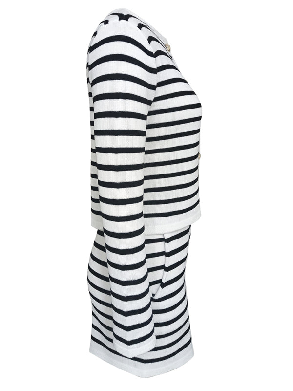 Women’s striped simple cardigan shorts two-piece suit