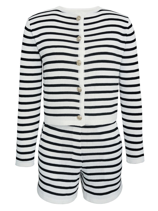 Women’s striped simple cardigan shorts two-piece suit