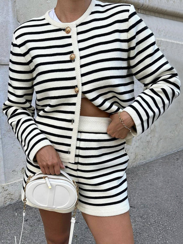 Women’s striped simple cardigan shorts two-piece suit - White / S