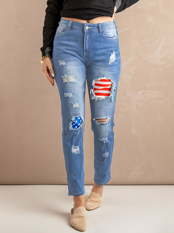 Women’s Striped Stars Print Casual Denim Trousers