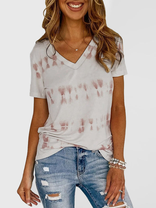 Women’s stripes dyeing printed casual short -sleeved T -shirt - Khaki / S