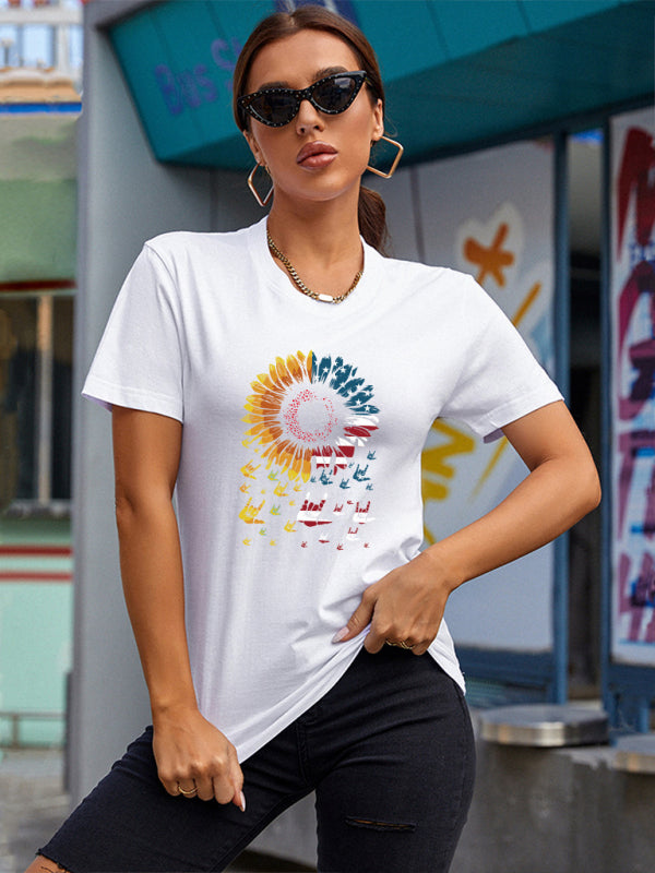 Women’s Sunflower Flag Print Short Sleeve T-Shirt - White / S