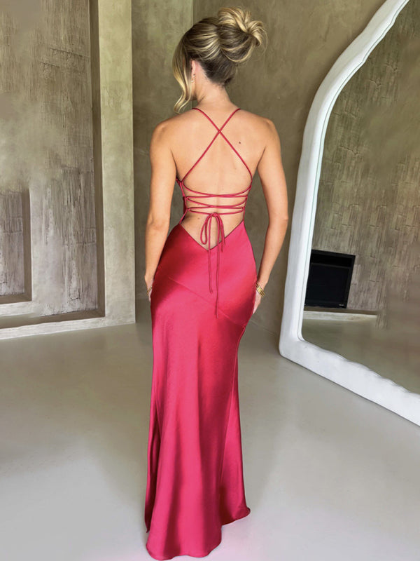Women’s suspender V-neck satin slit sexy backless long dress