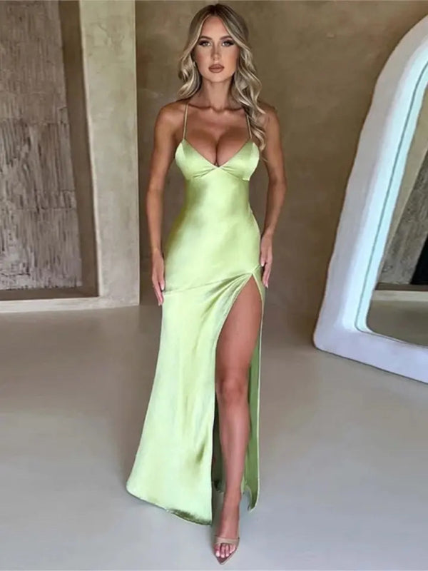 Women’s suspender V-neck satin slit sexy backless long dress - Fruit green / S