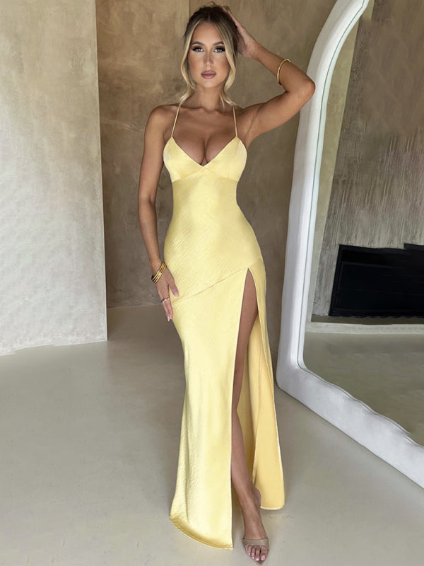 Women’s suspender V-neck satin slit sexy backless long dress - Yellow / S