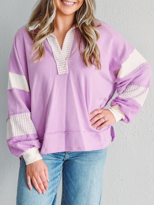 Women’s Sweatshirt OversizedPolo Neck Striped Colorblocking Top - Purple / S