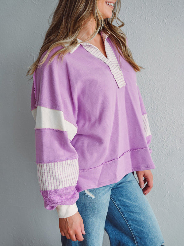 Women’s Sweatshirt OversizedPolo Neck Striped Colorblocking Top