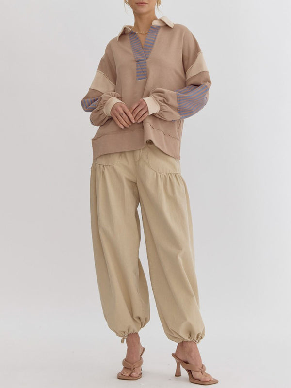 Women’s Sweatshirt OversizedPolo Neck Striped Colorblocking Top