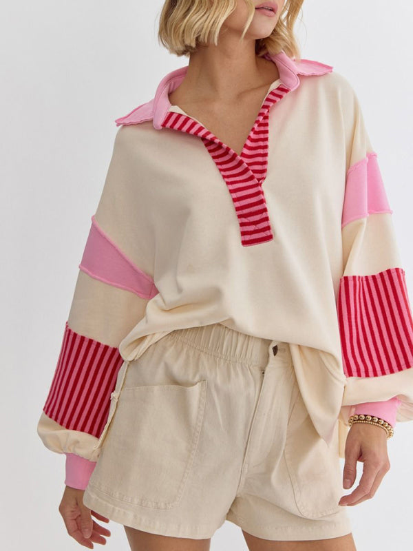 Women’s Sweatshirt OversizedPolo Neck Striped Colorblocking Top - Cream / S