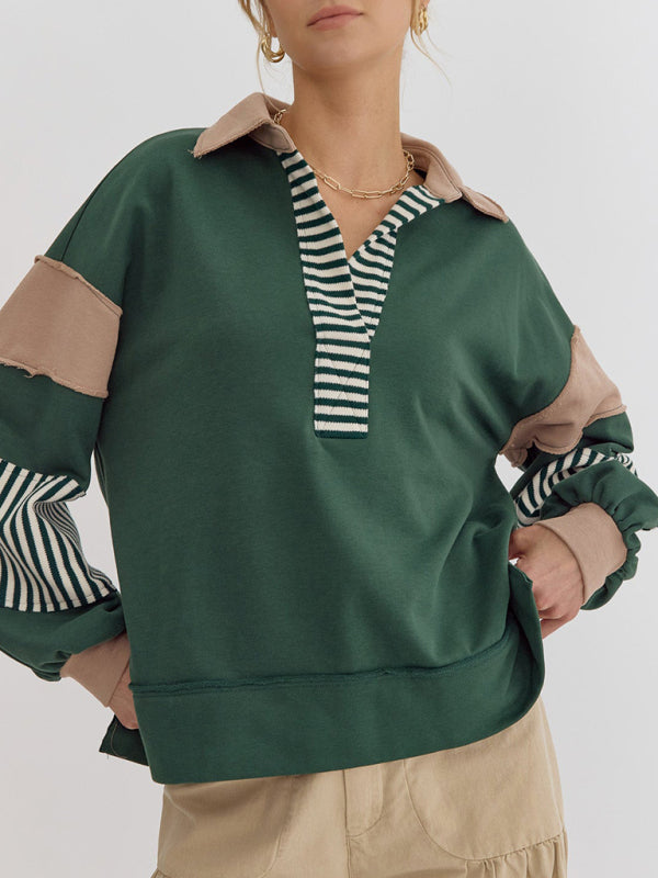 Women’s Sweatshirt OversizedPolo Neck Striped Colorblocking Top - Green / S