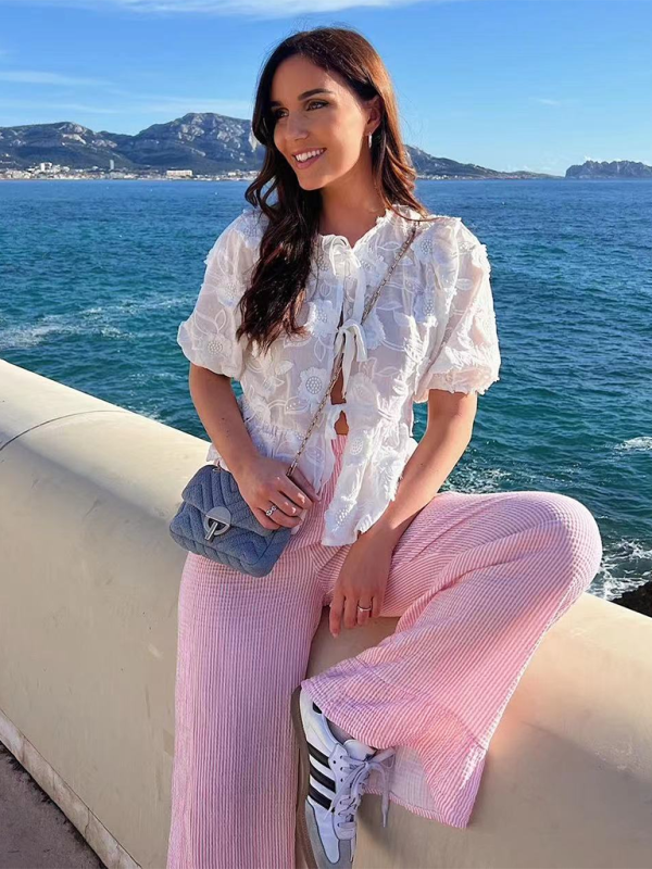 Women’s sweet and spicy lace-up bow thin top - White / S