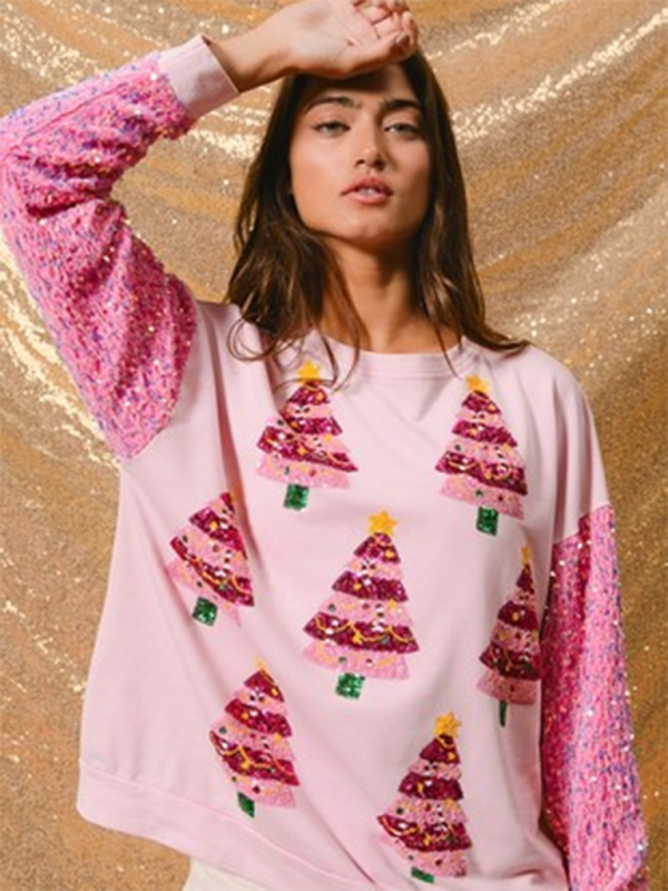 Women’s Sweet Sequin Sleeve Top Christmas Long Sleeve Sweater