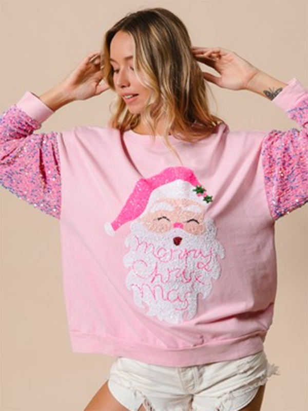 Women’s Sweet Sequin Sleeve Top Christmas Long Sleeve Sweater