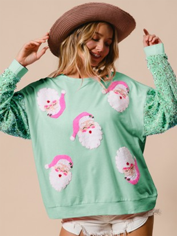 Women’s Sweet Sequin Sleeve Top Christmas Long Sleeve Sweater - Pattern6 / S