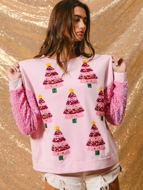 Women’s Sweet Sequin Sleeve Top Christmas Long Sleeve Sweater - Pattern7 / S