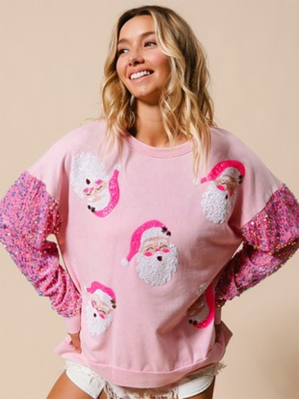 Women’s Sweet Sequin Sleeve Top Christmas Long Sleeve Sweater - Pink / S