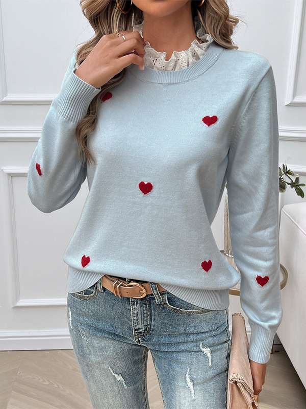 Women’s Temperament Casual Embroidered Love Heart Long Sleeve Sweater