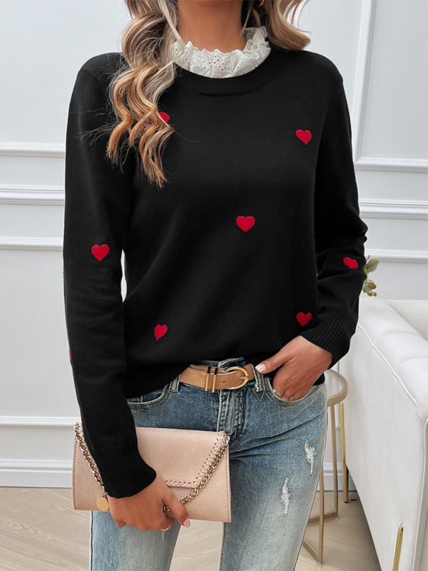 Women’s Temperament Casual Embroidered Love Heart Long Sleeve Sweater
