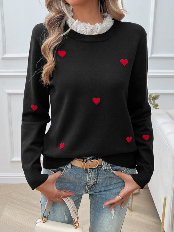 Women’s Temperament Casual Embroidered Love Heart Long Sleeve Sweater