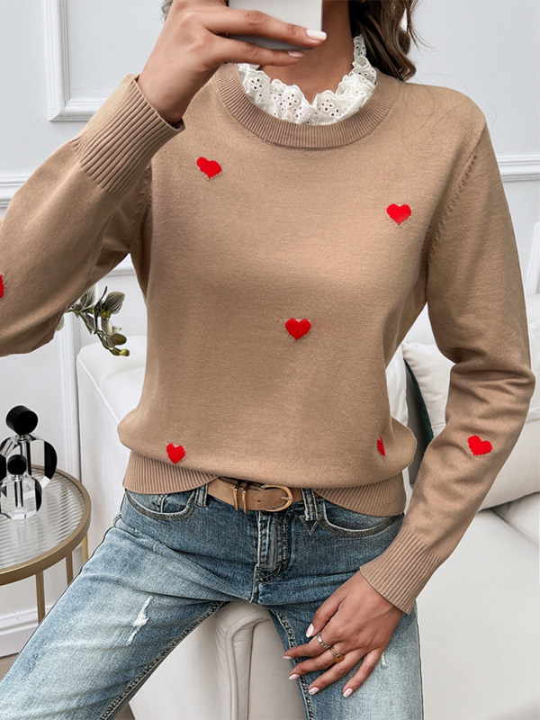 Women’s Temperament Casual Embroidered Love Heart Long Sleeve Sweater
