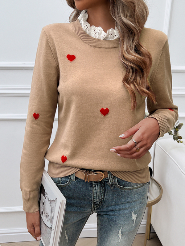 Women’s Temperament Casual Embroidered Love Heart Long Sleeve Sweater