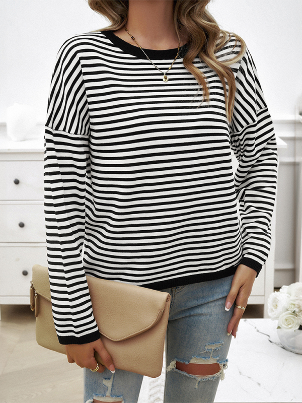 Women’s Temperament Casual Round Neck Striped Sweater - Black / S