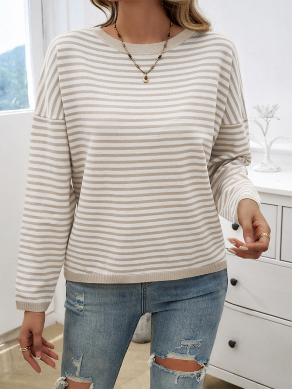 Women’s Temperament Casual Round Neck Striped Sweater - Cracker khaki / S
