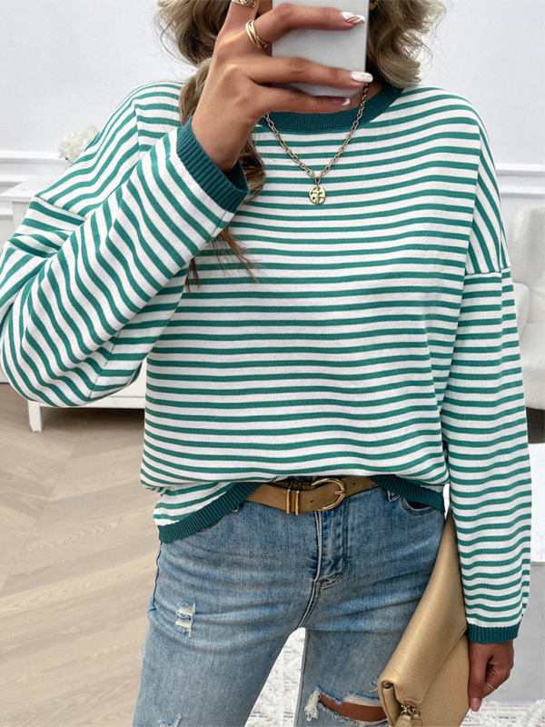 Women’s Temperament Casual Round Neck Striped Sweater - Green / S