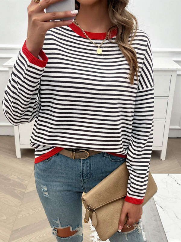 Women’s Temperament Casual Round Neck Striped Sweater - Red / S