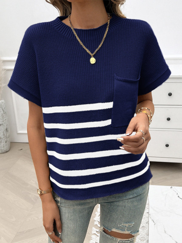Women’s Temperament Round Neck Striped Contrast Color Short Sleeve Sweater