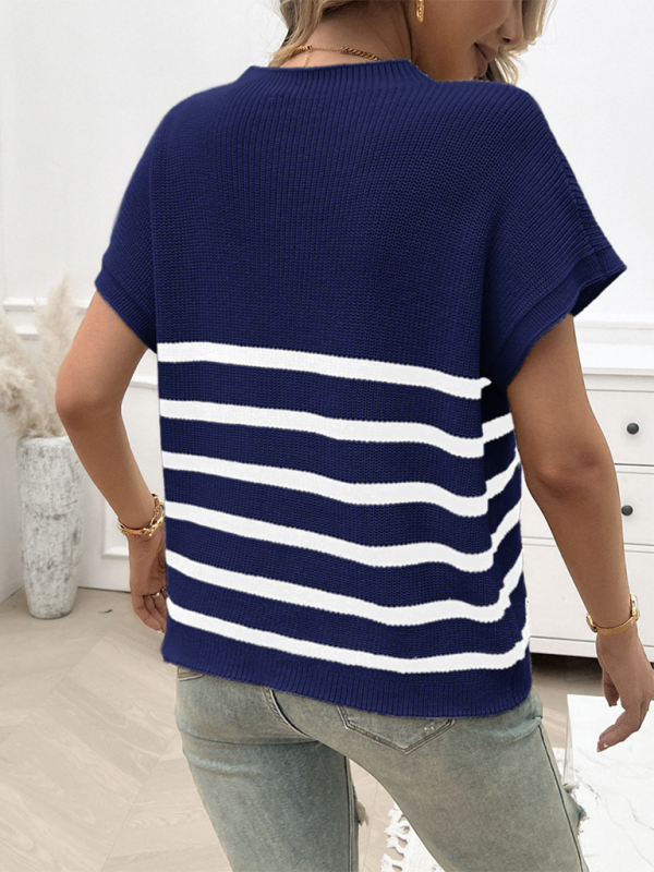 Women’s Temperament Round Neck Striped Contrast Color Short Sleeve Sweater