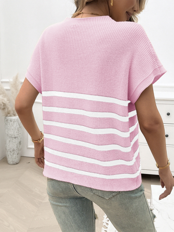 Women’s Temperament Round Neck Striped Contrast Color Short Sleeve Sweater