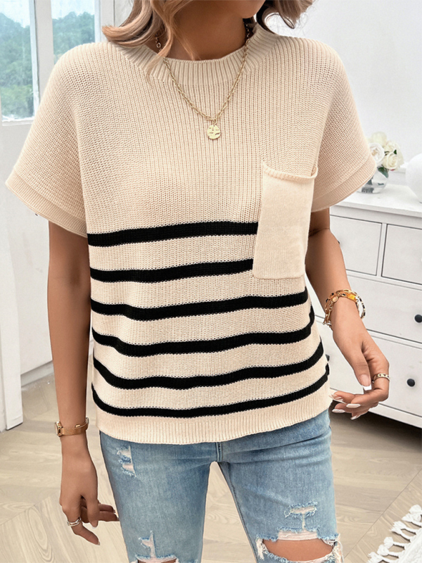 Women’s Temperament Round Neck Striped Contrast Color Short Sleeve Sweater