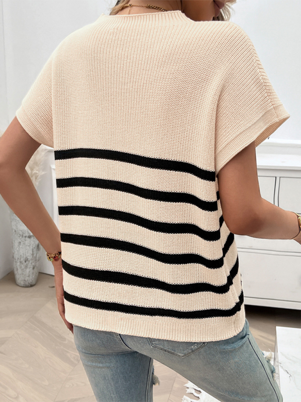 Women’s Temperament Round Neck Striped Contrast Color Short Sleeve Sweater