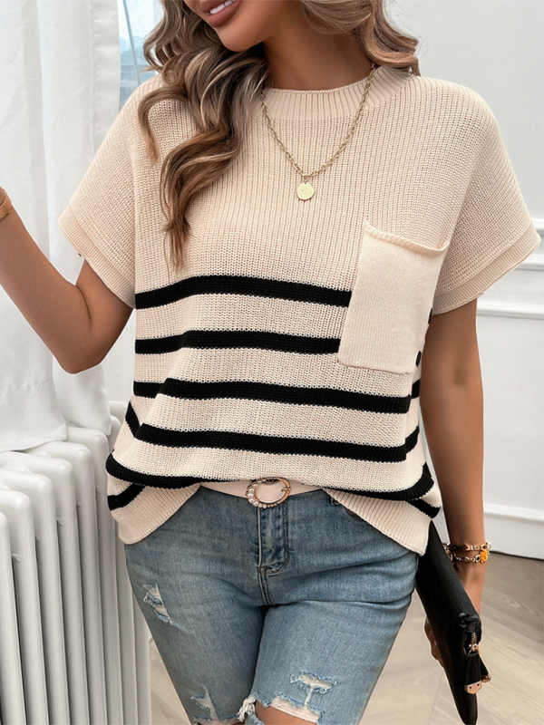 Women’s Temperament Round Neck Striped Contrast Color Short Sleeve Sweater