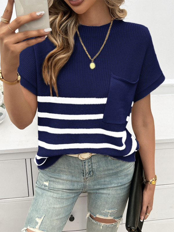 Women’s Temperament Round Neck Striped Contrast Color Short Sleeve Sweater