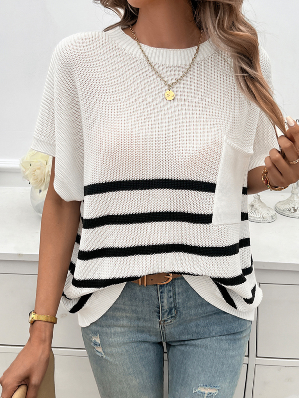 Women’s Temperament Round Neck Striped Contrast Color Short Sleeve Sweater - White / S