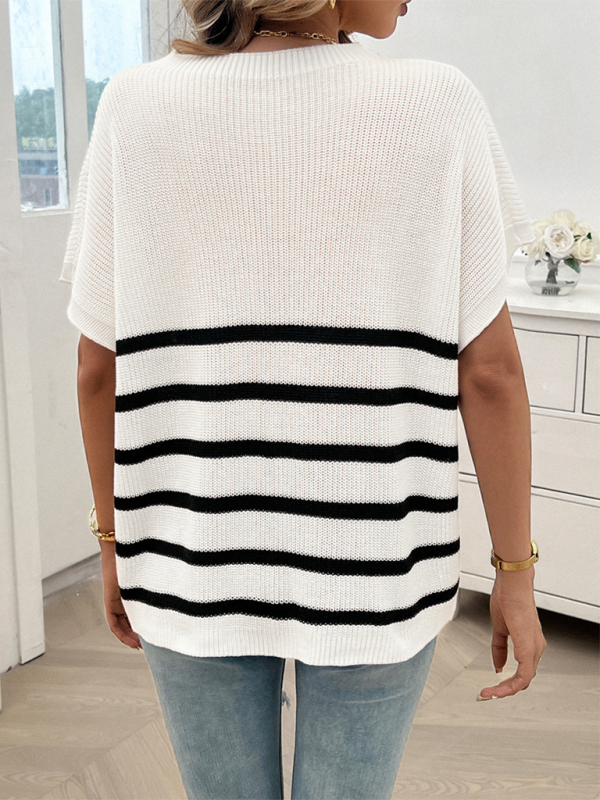 Women’s Temperament Round Neck Striped Contrast Color Short Sleeve Sweater