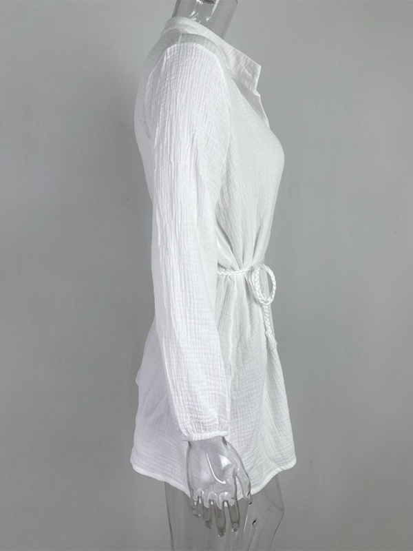 Women’s Temperament Sexy Solid Color Tie Button Lotus Leaf Dress