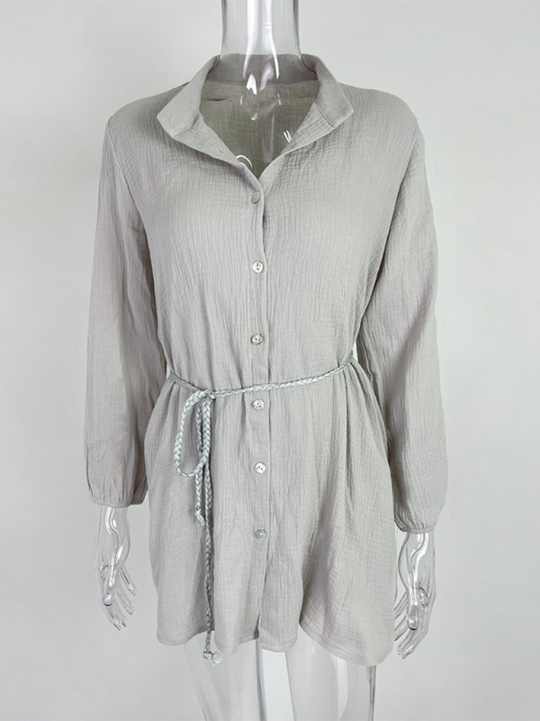 Women’s Temperament Sexy Solid Color Tie Button Lotus Leaf Dress