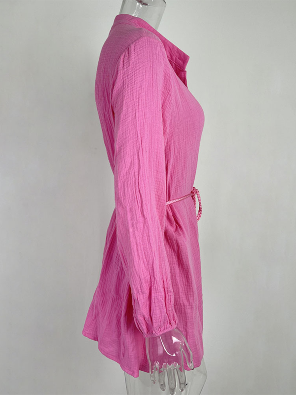 Women’s Temperament Sexy Solid Color Tie Button Lotus Leaf Dress