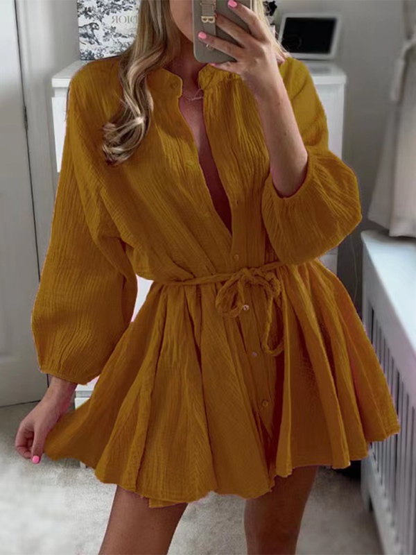 Women’s Temperament Sexy Solid Color Tie Button Lotus Leaf Dress - Brown / S