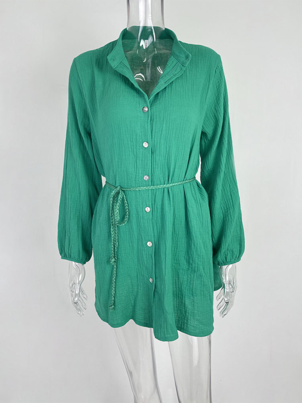 Women’s Temperament Sexy Solid Color Tie Button Lotus Leaf Dress