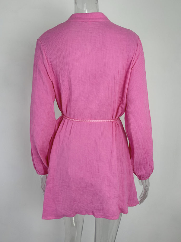 Women’s Temperament Sexy Solid Color Tie Button Lotus Leaf Dress