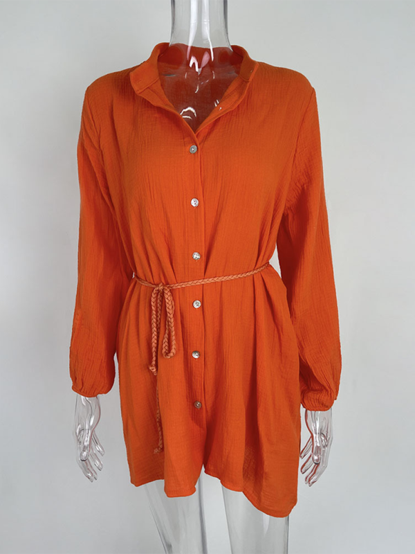 Women’s Temperament Sexy Solid Color Tie Button Lotus Leaf Dress