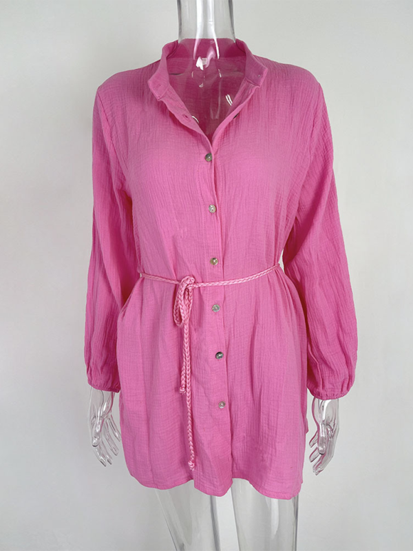 Women’s Temperament Sexy Solid Color Tie Button Lotus Leaf Dress