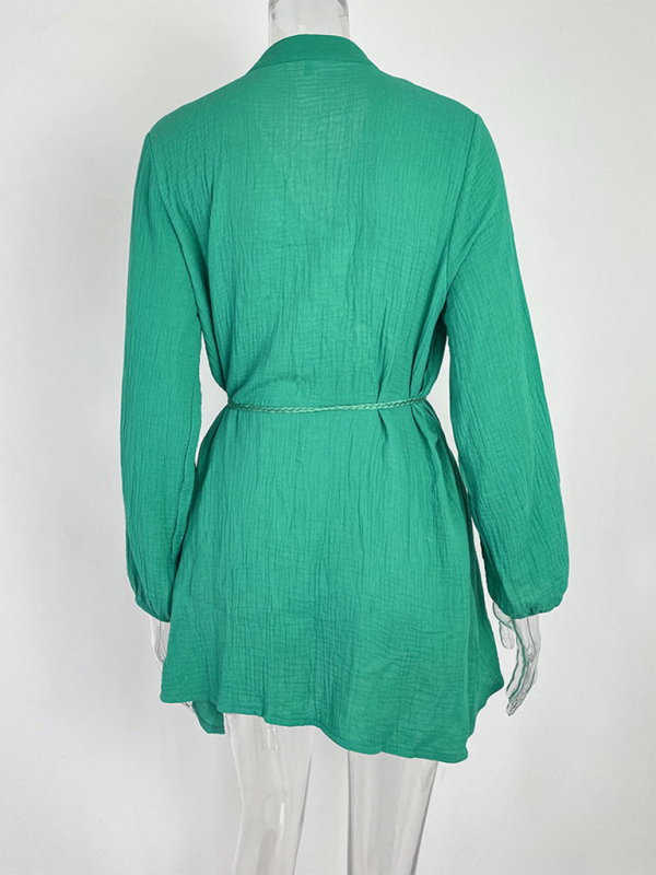 Women’s Temperament Sexy Solid Color Tie Button Lotus Leaf Dress